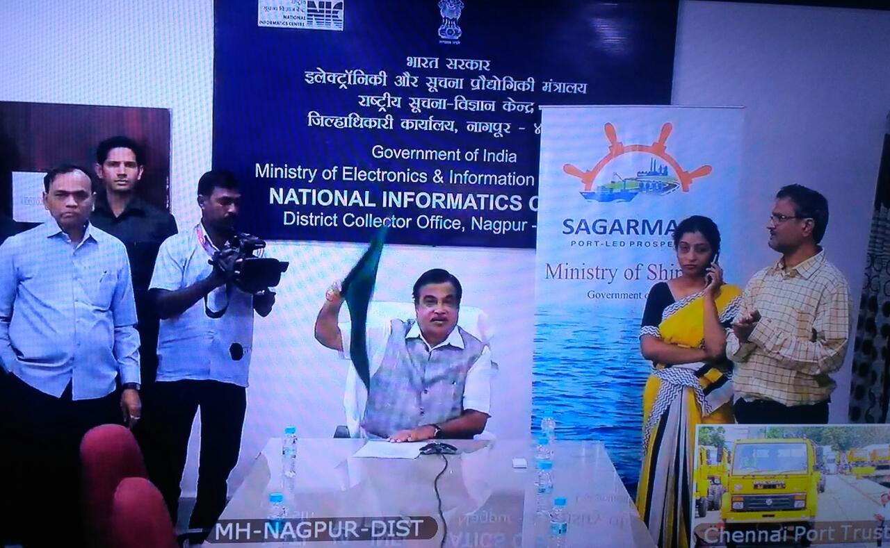 Shri Nitin Gadkari digitally flags off from NIC District Center Nagpur, a RORO Ship carrying trucks from Chennai Port to Mongla Port in Bangladesh